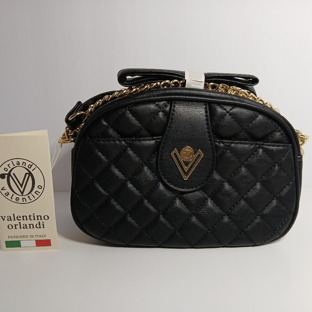 Valentino Orlandi Quilted Camera Crossbody Bag Black